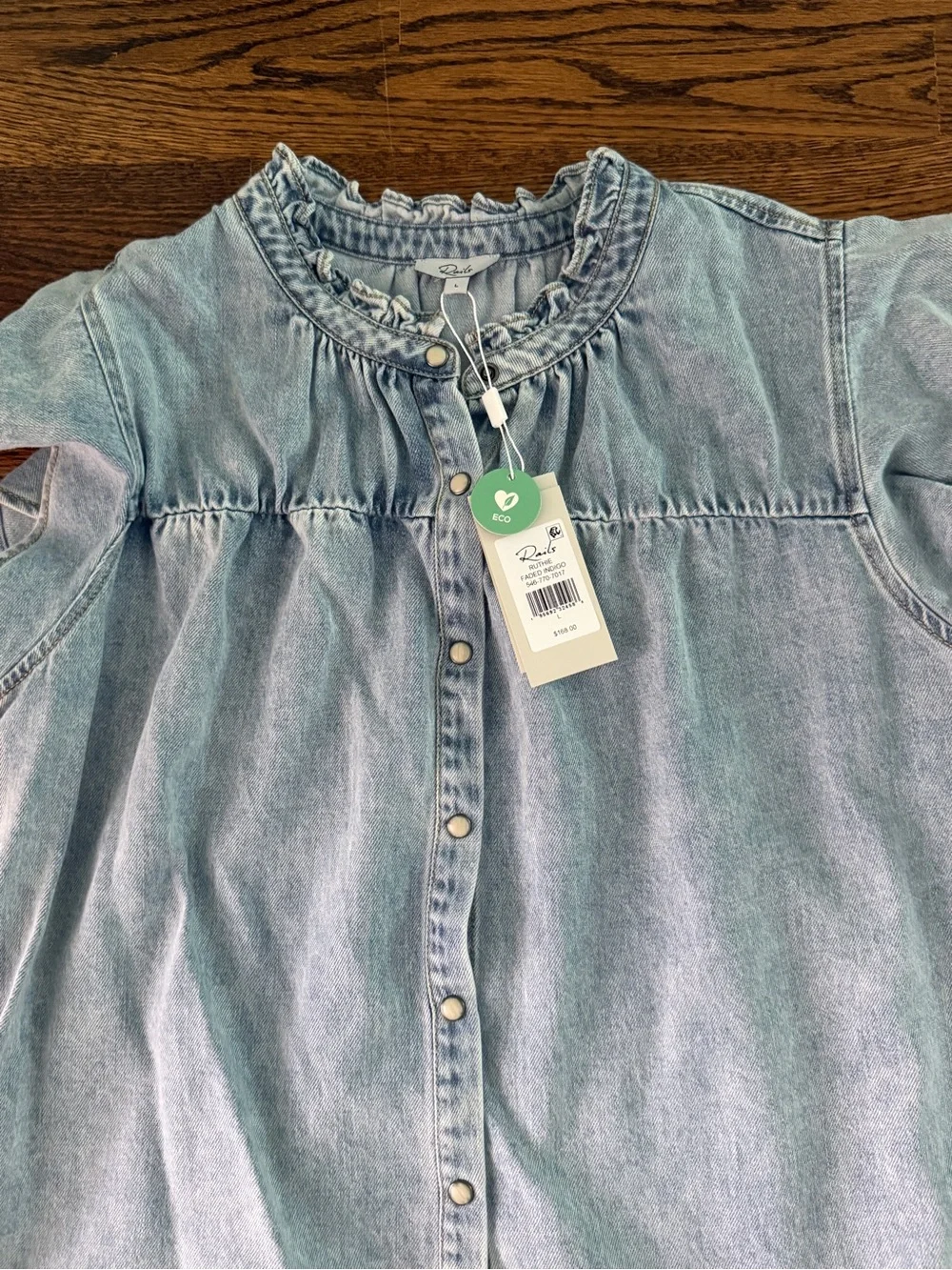 Rails Light Wash Denim Ruffle-Neck Cap Sleeve Blouse - Picture 2 of 3